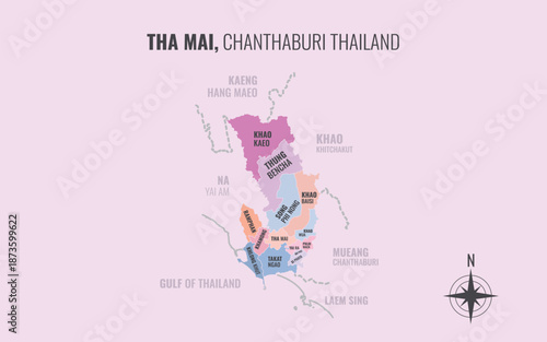 Map showing Tha Mai District Chanthaburi Thailand divided into sub districts with minimalist colorful patterns