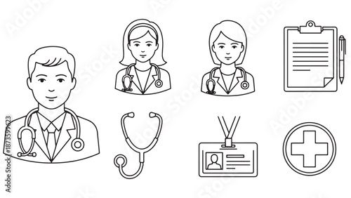 Professional clinical staff and medical administrative icons featuring doctor avatars and ID badges for hospital business management resources and identity design.
