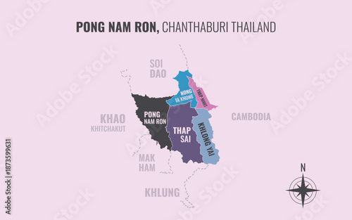 Map showing Pong Nam Ron District Chanthaburi Thailand divided into sub districts with minimalist colorful patterns