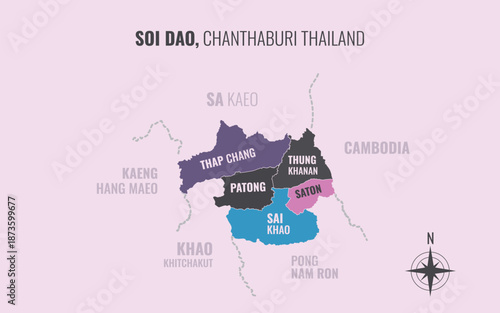 Map showing Soi Dao District Chanthaburi Thailand divided into sub districts with minimalist colorful patterns