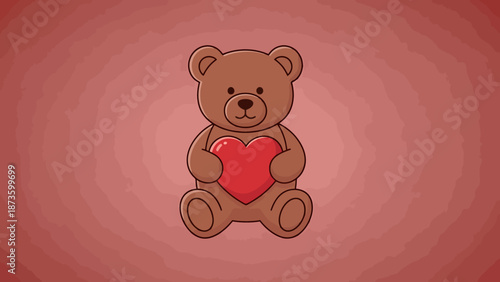 Charming Brown Teddy Bear Cuddles A Bright Red Heart Against A Soft Gradient Background