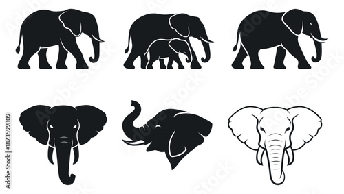 Elephant silhouette and line art set featuring various elephants and heads for wildlife branding