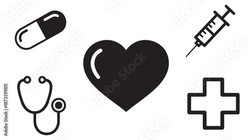 Comprehensive medical healthcare service icon set featuring heart symbols stethoscope and pharmaceutical items for clinical insurance business branding.