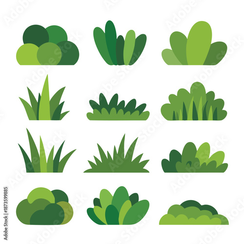 Vector Shrub and Vegetation Icon Set, Flat Design Garden and Landscape Elements,Minimalist Greenery and Foliage Graphics, Assorted Green Bushes and Grass Tufts, Green Bush Icons, vector, illustration.