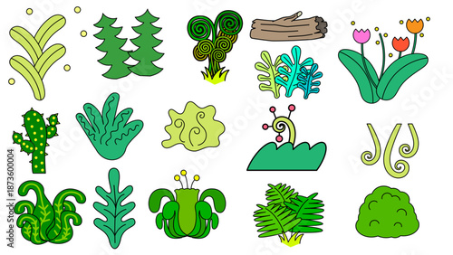 草や木などの植物モチーフをポップでかわいく描いた背景用イラスト