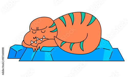 氷の上で丸くなって眠る恐竜をかわいく描いた子供向けのイラスト