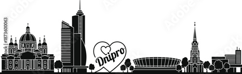 Dnipro Ukraine city skyline silhouette with major architectural landmarks and I Love Dnipro heart monument for travel and regional branding vector