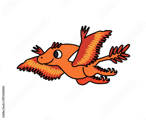 空を飛ぶ恐竜を元気いっぱいに描いた子供向けキャラクターのイラスト