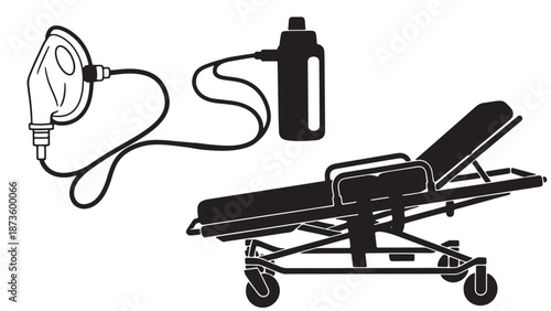 Emergency medical rescue and intensive care equipment set featuring a hospital stretcher and oxygen mask for clinical facility management business branding.