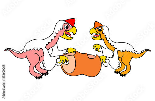 お肉を食べる恐竜をかわいく描いた子供向けキャラクターのイラスト