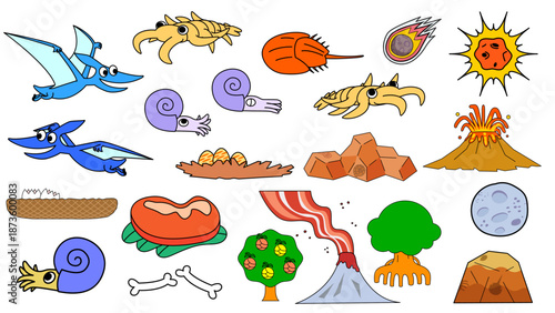 恐竜時代の世界観を表す生き物や自然モチーフをまとめたイラスト