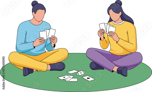 Two young women sitting on a rug and playing cards in flat style vector illustration for leisure hobby and friendship concept