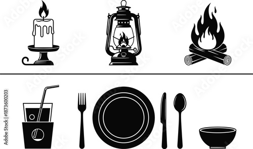 Candle lantern campfire icons with kitchen utensils, drink cup, plate and cutlery symbols, cooking tools illustration for camping and dining themes
