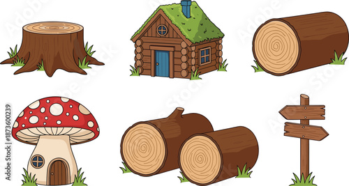 Cartoon forest elements illustration set with tree stumps, wooden logs, cabin house, mushroom home and signpost, cute woodland nature graphics