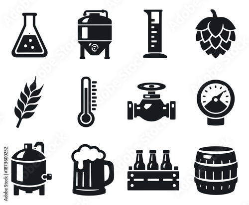 Flat brewing elements set featuring ingredients, equipment, and containers for beer production