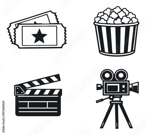 Line art movie icons set featuring tickets, popcorn, a clapperboard, and a film camera for cinema and entertainment