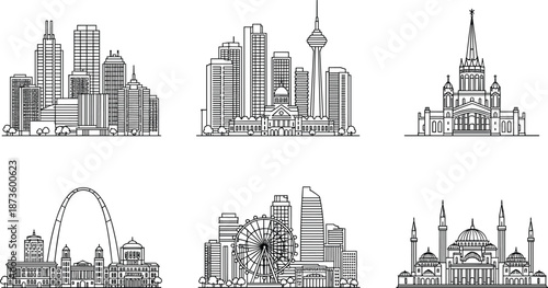 City skylines and famous landmark buildings illustration set, detailed urban architecture line art collection for travel and skyline design