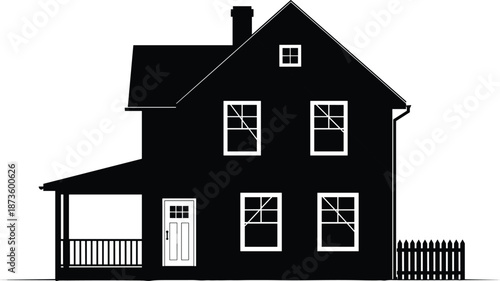 Classic farmhouse silhouette with porch, windows, chimney, and picket fence in vintage rural home exterior illustration style