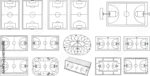 Collection of sports court blueprint top views including soccer, futsal, basketball, and stadium layout architectural plan line drawings