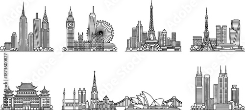 Collection of famous world city skylines with iconic landmarks illustrated in clean line art style, global travel architecture design on white background