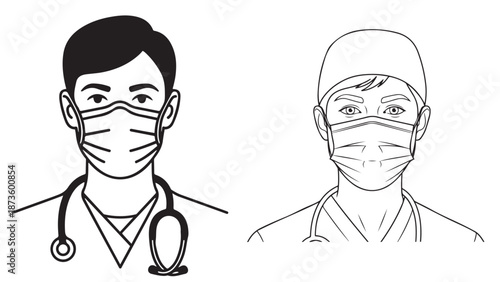Professional medical doctors wearing surgical masks for clinical healthcare safety and hospital staff administration business branding identity resources.