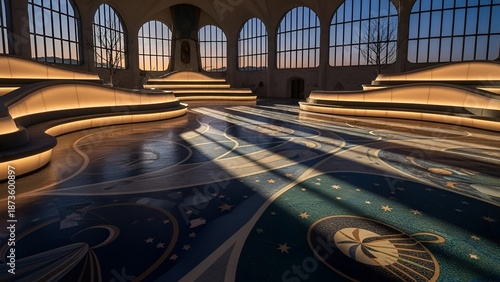 Dramatic Sunlight Rays Illuminate a Grand Modern Architectural Interior Hall.