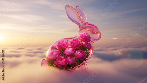 Dreamy Pink Crystal Rabbit Filled with Flowers Floating Above Clouds at Sunrise.