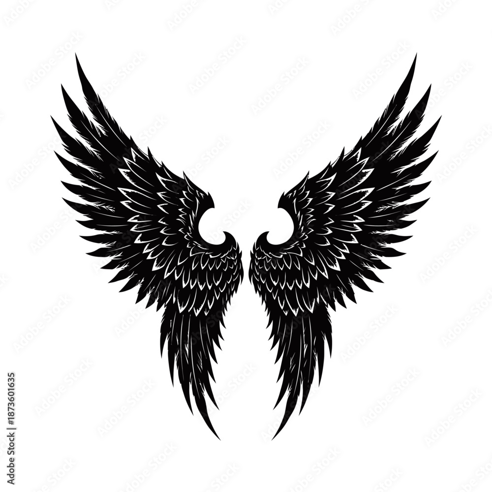 Obraz premium Detailed illustration of a pair of majestic black feathered wings spread wide against a clean white background, resembling angel or bird wings.