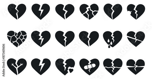 Simple graphic broken heart icon set featuring hearts in different states of damage and repair for themes of love, loss, and emotional pain
