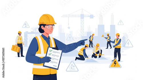 Safety Officer Monitoring Construction Workers Flat Design