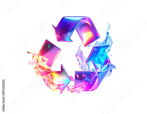 Gleaming, iridescent recycling symbol with fiery, ethereal accents, black background