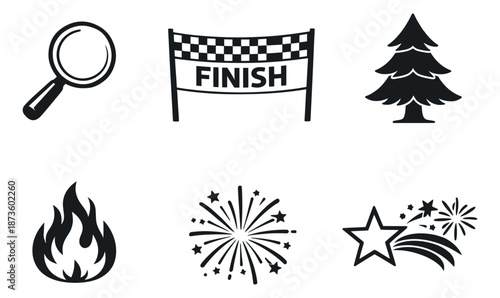 Simple black graphic icon set featuring a magnifying glass, finish line, pine tree, fire, fireworks, and shooting star for general design purposes