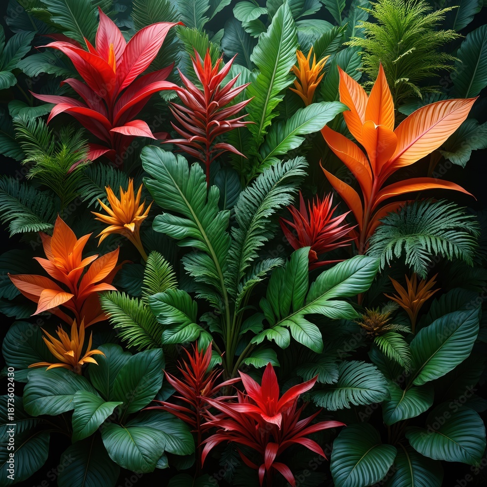 Fototapeta premium Rich jungle with vibrant tropical plants. Exotic flowers in red orange and yellow bloom amongst large green leaves. Verdant foliage creates dense jungle canopy.