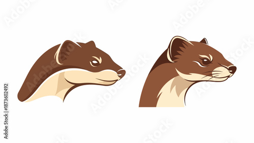 Illustration of two weasel heads facing left on white background
