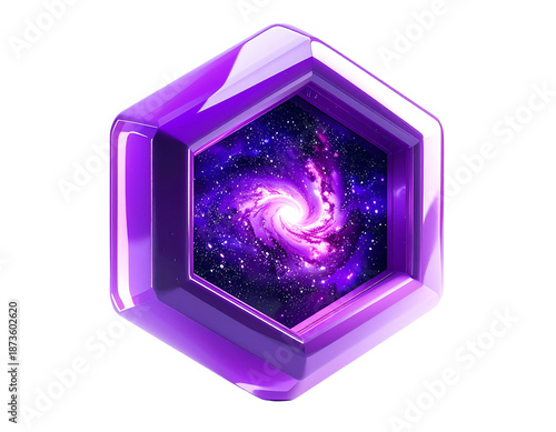 Shiny purple geometric shape containing a spiral galaxy