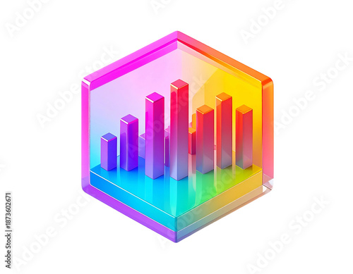 Isometric chart bars inside a glowing, multi-colored translucent cube