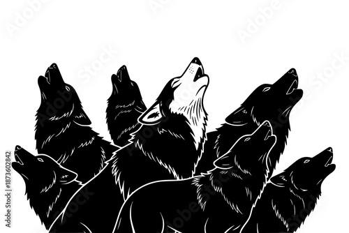 Black and white illustration of howling wolves