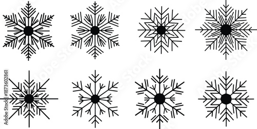 Set of Eight Simple Geometric Snowflake Outline Vector Icons, Diverse Snow Crystal Shapes for Winter, Christmas, and Holiday Season Design Elements Collection.v