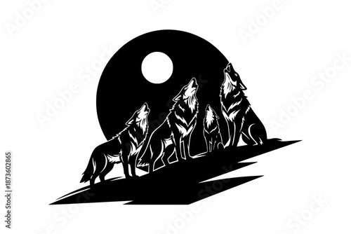 Black and white wolves howling at the moon vector illustration