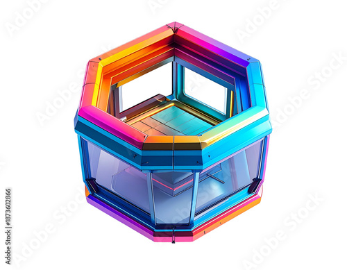 Futuristic, multi-colored hexagonal structure with interior details