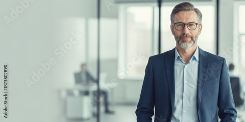 Mature businessman portrait with confidence looking at success in modern office, successful entrepreneur at business feeling calm and focused leadership mood