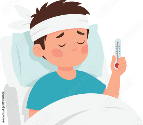 Sick child in bed, fever symptoms, thermometer reading high, cartoon illustration, illness expression, healthcare awareness, resting moment, personal care, recovery, sadness, hygiene, medical support