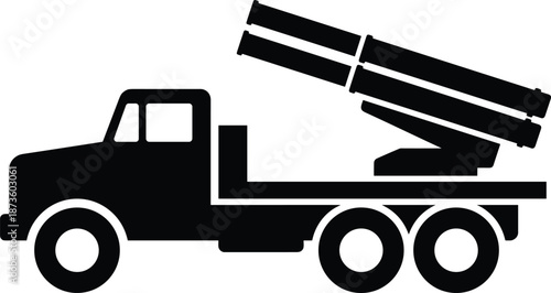 Silhouette military rocket launcher truck illustration with heavy-duty wheels, tactical artillery system, defense vehicle concept, warfare transport design for security operations