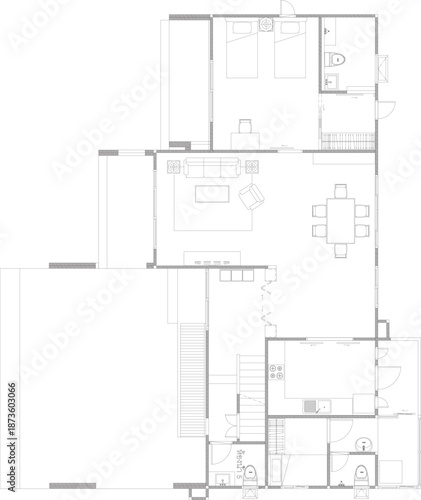 First Floor Residential Interior Furniture Layout with Guest Bedroom, Bathroom, Kitchen and Dining Area