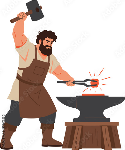 Strong blacksmith forging hot metal on an anvil with hammer and tongs, detailed illustration of traditional craftsmanship, metalworking skills, and artisan labor