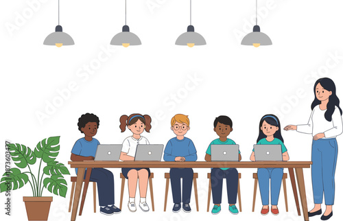 Students learning with laptops, classroom education concept, teacher guiding diverse kids, modern school interior, online study, teamwork illustration