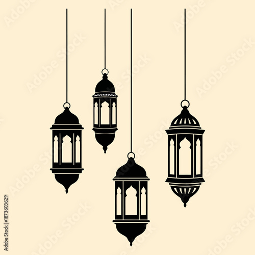 Four hanging lanterns in Islamic style on beige background.