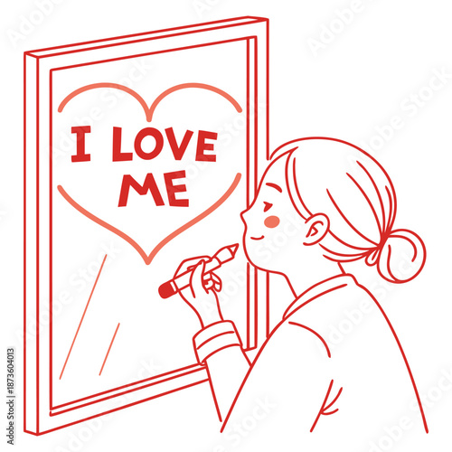 Girl with a red heart mirror, self care concept, vector illustrations of valentine's day.