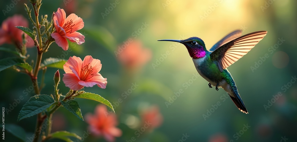 Fototapeta premium Tiny hummingbird with iridescent feathers flies near blooming pink flowers. Bird hovers in lush green forest sunlight gathering nectar. Tiny creature has colorful vibrant body and wings.