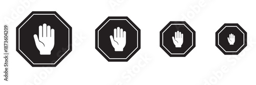 Stop Hand Octagon Icons – Set of Flat Safety Signs with Black and White Hands in Traffic Symbol Style